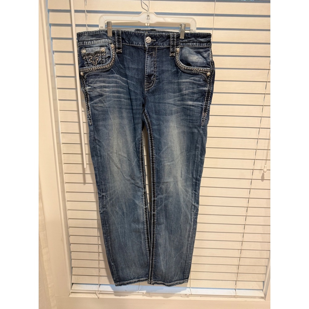 Rock Revival Jerret Straight Leg Jeans Mens 38 Medium Wash Embroidered Blue